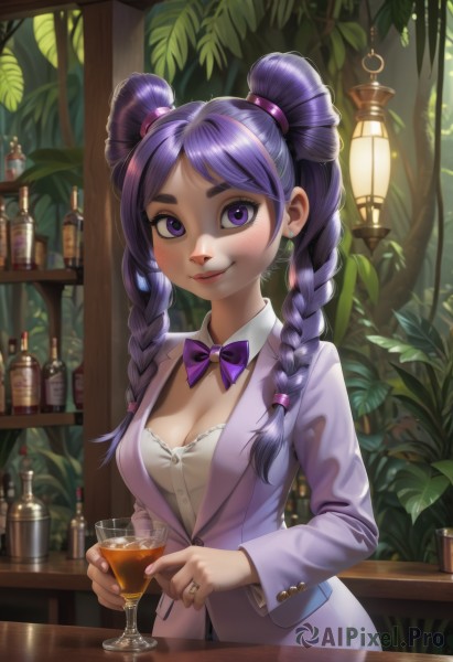 1girl,solo,long hair,breasts,looking at viewer,blush,smile,bangs,large breasts,shirt,long sleeves,bow,holding,cleavage,twintails,jewelry,medium breasts,purple eyes,jacket,white shirt,upper body,purple hair,braid,multicolored hair,earrings,parted lips,artist name,indoors,bowtie,nail polish,twin braids,cup,lips,makeup,detached collar,watermark,formal,ring,bottle,suit,plant,holding cup,alcohol,drinking glass,purple bow,drink,glass,stud earrings,lamp,purple jacket,purple bowtie,cocktail glass,whiskey,closed mouth,leaf,thick eyebrows,purple nails,traditional bowtie