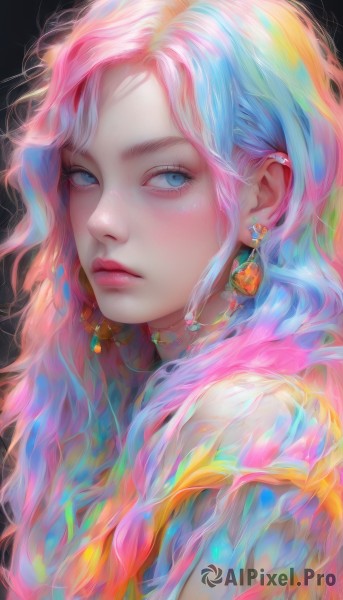 1girl,solo,long hair,looking at viewer,blush,bangs,blue eyes,simple background,jewelry,closed mouth,blue hair,upper body,pink hair,multicolored hair,earrings,from side,lips,looking to the side,eyelashes,gradient hair,makeup,wavy hair,piercing,black background,portrait,freckles,realistic,nose,colorful,rainbow hair,expressionless,gem,ear piercing