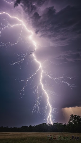 outdoors,sky,cloud,tree,no humans,night,cloudy sky,grass,nature,scenery,forest,electricity,lightning,landscape,purple sky,dark,field