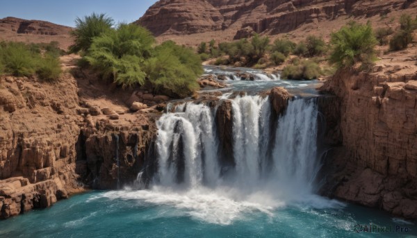 outdoors,sky,day,water,tree,blue sky,no humans,nature,scenery,rock,mountain,river,waterfall,cliff,signature,forest,landscape