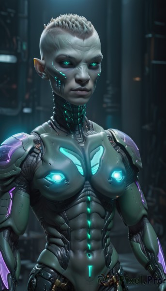 1girl,solo,breasts,looking at viewer,short hair,blue eyes,navel,medium breasts,green eyes,pointy ears,armor,blurry,aqua eyes,lips,bodysuit,muscular,blurry background,glowing,colored skin,abs,genderswap,glowing eyes,genderswap (mtf),science fiction,muscular female,android,grey skin,cyborg,robot joints,alien,power armor,neon trim,cyberpunk,mechanical parts,robot,colored sclera,realistic,joints,cable,very short hair,black skin