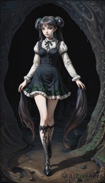 1girl,solo,long hair,breasts,looking at viewer,bangs,shirt,black hair,hair ornament,long sleeves,dress,ribbon,holding,twintails,jewelry,very long hair,closed mouth,standing,full body,white shirt,earrings,boots,frills,socks,puffy sleeves,collared shirt,artist name,blunt bangs,hair bun,nail polish,black footwear,black eyes,black dress,tree,lips,fingernails,kneehighs,double bun,black ribbon,neck ribbon,makeup,sleeveless dress,expressionless,short dress,floral print,frilled dress,knee boots,cross,juliet sleeves,frilled sleeves,black background,nature,black nails,cross-laced footwear,puffy long sleeves,forest,hair rings,walking,lolita fashion,pink lips,lace-up boots,red lips,pinafore dress,cross-laced clothes,holding hair,skirt,bow,brown eyes,sidelocks,parted lips,shoes,long fingernails,skirt hold,nose,black theme