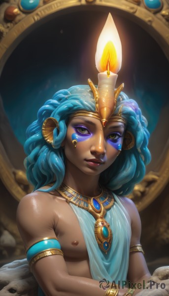 solo,long hair,looking at viewer,1boy,jewelry,nipples,green eyes,blue hair,yellow eyes,upper body,male focus,horns,shiny,artist name,dark skin,necklace,bracelet,lips,makeup,facial mark,dark-skinned male,fire,lipstick,armlet,eyeshadow,skull,nose,candle,egyptian clothes,dreadlocks,1girl,bare shoulders,shiny skin,facepaint