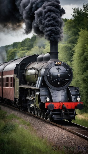 outdoors,sky,day,cloud,tree,military,no humans,grass,fire,ground vehicle,nature,scenery,motor vehicle,forest,smoke,aircraft,military vehicle,vehicle focus,train,world war ii,railroad tracks,multiple boys,cannon