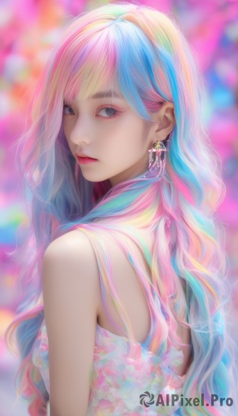 1girl,solo,long hair,looking at viewer,bangs,dress,bare shoulders,jewelry,closed mouth,blue hair,upper body,pink hair,flower,multicolored hair,earrings,sleeveless,looking back,from behind,blurry,two-tone hair,lips,grey eyes,eyelashes,makeup,depth of field,blurry background,wavy hair,floral print,lipstick,eyeshadow,rainbow hair,blue eyes,artist name,from side,sparkle,sleeveless dress,gem,pink lips,nose