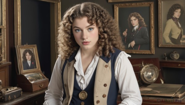 1girl,solo,long hair,looking at viewer,blue eyes,blonde hair,brown hair,shirt,long sleeves,jewelry,jacket,white shirt,upper body,parted lips,collared shirt,indoors,necklace,vest,lips,book,buttons,formal,curly hair,watch,realistic,nose,clock,photo (object),picture frame,painting (object),drawer,portrait (object),frills,open clothes,teeth,wavy hair,parody,phone,blue vest,open vest,fine art parody,reference inset