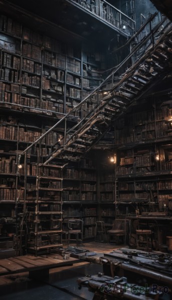 sky,indoors,book,no humans,window,night,scenery,lantern,wooden floor,stairs,railing,bookshelf,lamp,dark,bridge,library,ladder,solo,chair,table,shelf