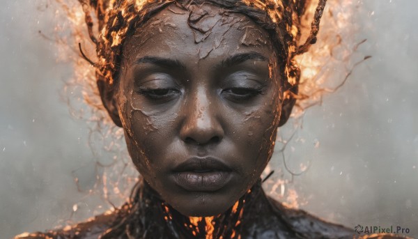 1girl,solo,looking at viewer,short hair,black hair,closed mouth,male focus,parted lips,teeth,dark skin,grey background,blurry,black eyes,dark-skinned female,lips,fire,portrait,realistic,grey skin,straight-on,crack,burning,1boy,closed eyes,half-closed eyes,facing viewer