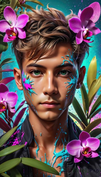 solo,looking at viewer,short hair,brown hair,hair ornament,1boy,closed mouth,green eyes,jacket,upper body,flower,male focus,artist name,signature,hair flower,lips,eyelashes,leaf,watermark,blue background,plant,portrait,pink flower,zipper,freckles,realistic,nose,paint splatter,open clothes,open jacket