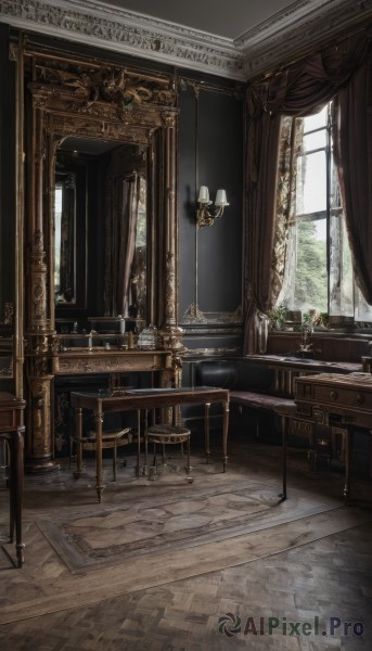 day,indoors,tree,book,no humans,window,chair,table,sunlight,plant,curtains,instrument,scenery,wooden floor,potted plant,candle,stool,vase,painting (object),piano,carpet,candlestand,rug,chandelier,grand piano,lamp