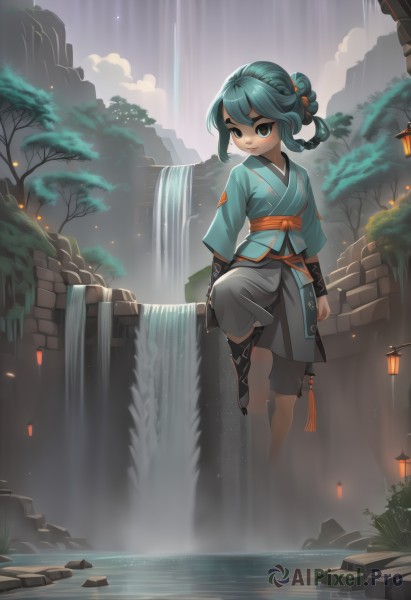 1girl,solo,looking at viewer,smile,short hair,bangs,hair ornament,long sleeves,brown eyes,blue hair,standing,full body,braid,outdoors,japanese clothes,sky,pants,cloud,water,black eyes,tree,sash,aqua hair,chinese clothes,obi,leg up,standing on one leg,nature,scenery,wading,hair rings,lantern,rock,waterfall,fog,long hair,green hair,kimono,makeup,thick eyebrows,updo