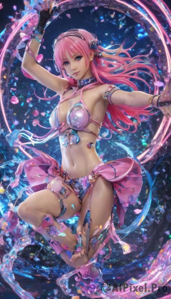 1girl,solo,long hair,breasts,looking at viewer,smile,blue eyes,large breasts,hair ornament,gloves,navel,cleavage,jewelry,medium breasts,swimsuit,pink hair,bikini,hairband,earrings,barefoot,choker,black gloves,fingerless gloves,armpits,nail polish,arm up,high heels,bracelet,lips,petals,thigh strap,toes,gem,armlet,single glove,bikini armor,dancer,bare shoulders,boots,midriff,dancing