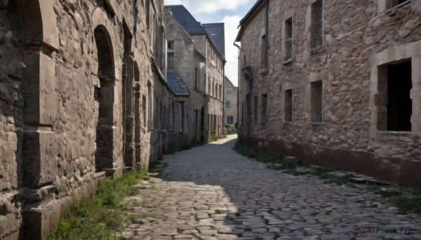 outdoors,sky,day,cloud,blue sky,no humans,window,cloudy sky,grass,building,scenery,door,road,wall,ruins,house,shadow,plant,rock,architecture,brick wall,path,arch,stone,pavement,stone floor,stone wall