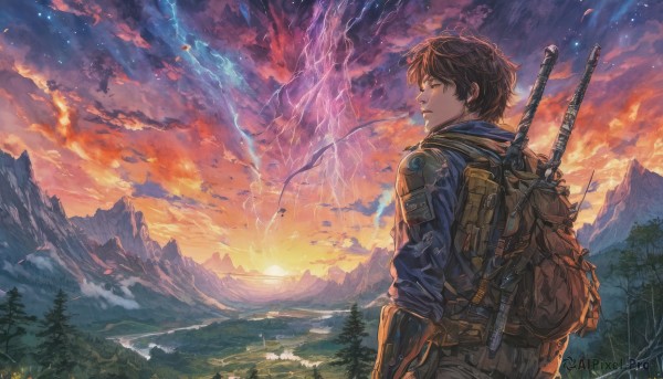 solo,short hair,brown hair,gloves,1boy,brown eyes,jacket,weapon,male focus,outdoors,sky,looking back,sword,cloud,signature,bag,from behind,tree,profile,bird,backpack,katana,cloudy sky,blue jacket,sheath,nature,scenery,forest,sunset,sheathed,mountain,fantasy,sun,scabbard,twilight,weapon on back,landscape,mountainous horizon,sunrise,sword behind back,bangs,long sleeves,closed mouth,standing,upper body,parted lips,pants,water,sunlight,knife