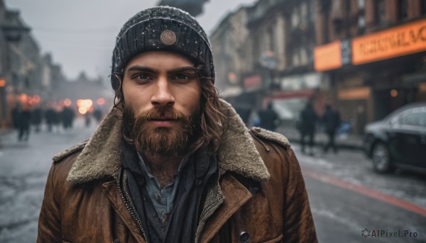 solo,looking at viewer,brown hair,shirt,1boy,hat,jacket,upper body,male focus,outdoors,blurry,coat,black headwear,depth of field,blurry background,facial hair,thick eyebrows,ground vehicle,motor vehicle,beard,brown jacket,mature male,realistic,mustache,beanie,winter clothes,car,leather,leather jacket,photo background,closed mouth,day,lips,parody,blue shirt,serious,road,manly,brown coat,street