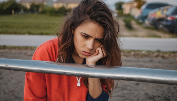 1girl,solo,long hair,looking at viewer,brown hair,shirt,long sleeves,brown eyes,jewelry,closed mouth,upper body,outdoors,day,necklace,blurry,sweater,lips,depth of field,blurry background,ground vehicle,messy hair,red shirt,motor vehicle,hand on own face,head rest,realistic,nose,car,road,photo background,black hair,tree,looking to the side,frown,looking away,looking down