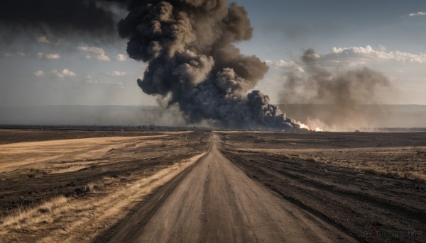 outdoors,sky,day,cloud,no humans,cloudy sky,scenery,smoke,mountain,realistic,sand,road,field,explosion,landscape,desert,dust,blue sky,beach,horizon