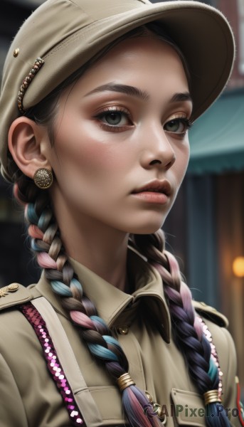 1girl,solo,long hair,looking at viewer,shirt,black hair,hat,brown eyes,jewelry,closed mouth,blue hair,upper body,pink hair,braid,multicolored hair,earrings,collared shirt,artist name,blurry,uniform,black eyes,twin braids,two-tone hair,lips,grey eyes,military,eyelashes,military uniform,buttons,depth of field,blurry background,thick eyebrows,portrait,hair over shoulder,freckles,realistic,nose,brown headwear,brown shirt,multiple braids,bangs,brown hair,streaked hair,forehead,pocket