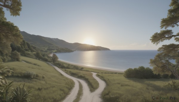 outdoors,sky,day,cloud,water,tree,blue sky,no humans,ocean,beach,sunlight,grass,nature,scenery,sunset,rock,mountain,sand,sun,horizon,road,river,landscape,mountainous horizon,lake,shore,hill,plant,forest,bush,path,sunrise