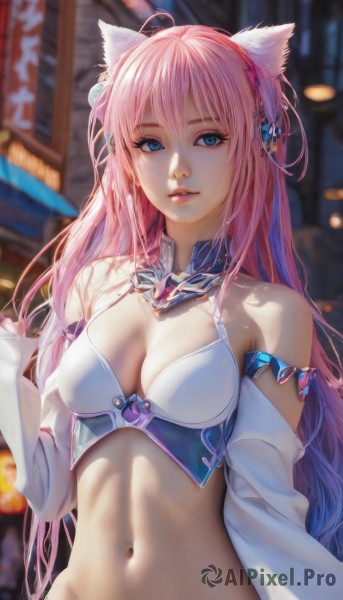 1girl,solo,long hair,breasts,looking at viewer,blue eyes,hair ornament,navel,animal ears,cleavage,bare shoulders,medium breasts,upper body,pink hair,ahoge,parted lips,detached sleeves,midriff,cat ears,stomach,blurry,lips,bangs,multicolored hair,blurry background,cleavage cutout,armlet,realistic