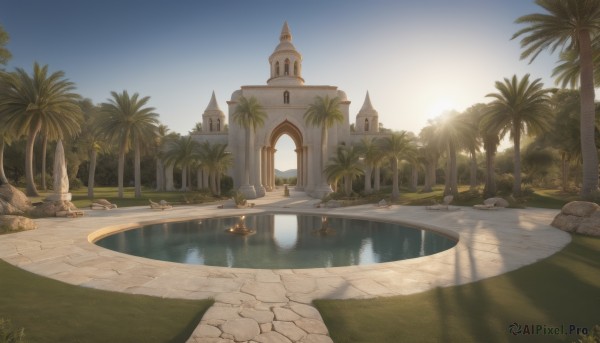 outdoors,sky,day,artist name,signature,water,tree,blue sky,no humans,sunlight,grass,building,scenery,reflection,palm tree,bush,bridge,river,castle,tower,arch,reflective water,plant,sunset,rock,fantasy,sun,pillar,statue,boat,pond