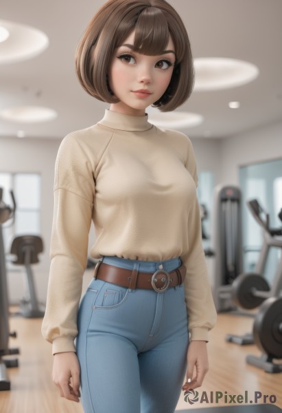 1girl,solo,breasts,looking at viewer,smile,short hair,bangs,brown hair,shirt,long sleeves,brown eyes,medium breasts,closed mouth,standing,cowboy shot,belt,pants,indoors,blurry,sweater,lips,depth of field,blurry background,turtleneck,bob cut,denim,buckle,jeans,nose,arms at sides,blue pants,shirt tucked in,brown belt,brown shirt,high-waist pants,gym,thick eyebrows,turtleneck sweater,realistic