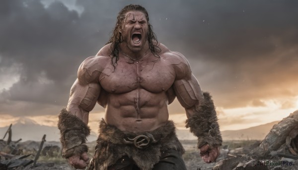 solo,long hair,open mouth,brown hair,1boy,navel,nipples,closed eyes,weapon,male focus,outdoors,sky,teeth,belt,pants,cloud,fur trim,tattoo,muscular,facial hair,scar,abs,cloudy sky,pectorals,muscular male,beard,clenched hands,veins,topless male,realistic,manly,chest hair,arm hair,black hair,jewelry,cowboy shot,earrings,necklace,stomach,black pants,bara,facing viewer,scar on face,large pectorals,sunset,mature male,shouting,biceps,screaming,veiny arms