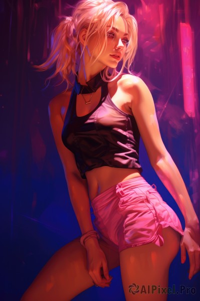 1girl,solo,long hair,breasts,blonde hair,navel,bare shoulders,brown eyes,jewelry,standing,ponytail,cowboy shot,small breasts,parted lips,shorts,sleeveless,choker,midriff,necklace,collar,bracelet,lips,crop top,short shorts,makeup,tank top,nose,black tank top,pink shorts,blue eyes,shirt,medium breasts,collarbone,medium hair,looking to the side,bare arms,black choker,looking away,casual,contrapposto,realistic,bangle,sidelighting