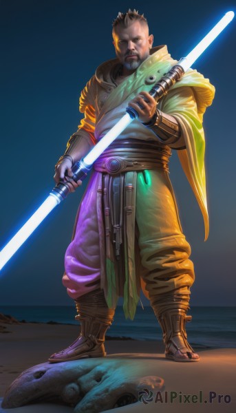 solo,looking at viewer,open mouth,brown hair,black hair,gloves,1boy,holding,standing,full body,weapon,male focus,boots,teeth,pants,sword,dark skin,glowing,facial hair,animal,dark-skinned male,beard,science fiction,realistic,mustache,sand,cyborg,energy sword,mohawk,lightsaber,short hair,blue eyes,belt,hood,holding weapon,cosplay,night,brown footwear,holding sword,hood down,brown gloves,rock,fighting stance,animification,tunic