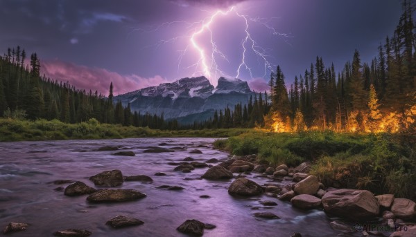 outdoors,sky,cloud,water,tree,no humans,night,cloudy sky,grass,fire,nature,night sky,scenery,snow,forest,rock,mountain,electricity,river,lightning,landscape,purple sky,pine tree,mountainous horizon,campfire