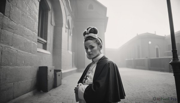 1girl,solo,looking at viewer,long sleeves,jewelry,closed mouth,monochrome,upper body,greyscale,outdoors,wide sleeves,necklace,hair bun,single hair bun,own hands together,cross,building,robe,nun,cross necklace,church,priest,gloves,dress,holding,earrings,dark skin,dark-skinned female,capelet,brick wall