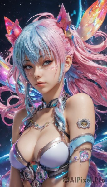 1girl,solo,long hair,breasts,looking at viewer,bangs,blue eyes,hair ornament,cleavage,bare shoulders,jewelry,medium breasts,closed mouth,blue hair,swimsuit,upper body,pink hair,bikini,multicolored hair,wings,choker,necklace,two-tone hair,lips,grey eyes,armlet,realistic,nose,parted lips,artist name,eyelashes,gradient hair,gem