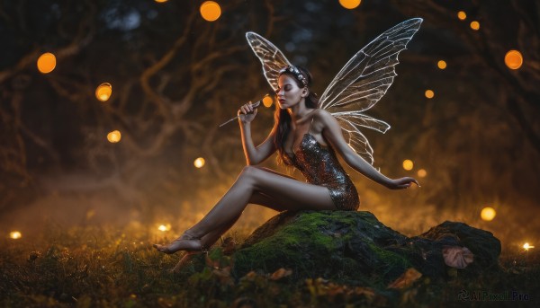 1girl,solo,long hair,breasts,black hair,dress,holding,cleavage,bare shoulders,medium breasts,sitting,outdoors,food,wings,barefoot,nail polish,blurry,tree,fingernails,strapless,colored skin,bug,nature,strapless dress,forest,realistic,antennae,fairy wings,fairy,mushroom,grey skin,butterfly wings,insect wings,1boy,feet,legs,candy,lollipop