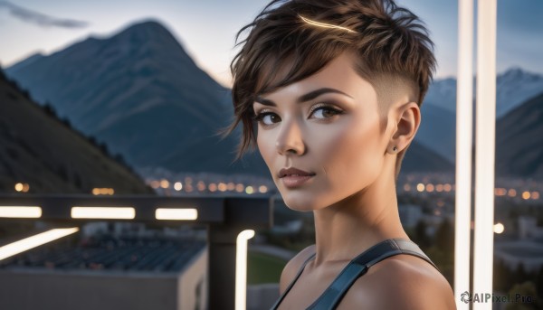 1girl,solo,looking at viewer,smile,short hair,brown hair,bare shoulders,brown eyes,jewelry,upper body,earrings,outdoors,day,dark skin,blurry,lips,depth of field,blurry background,piercing,tank top,ear piercing,portrait,mountain,realistic,nose,stud earrings,undercut,bangs,closed mouth,sky,looking to the side,eyelashes,eyebrow cut