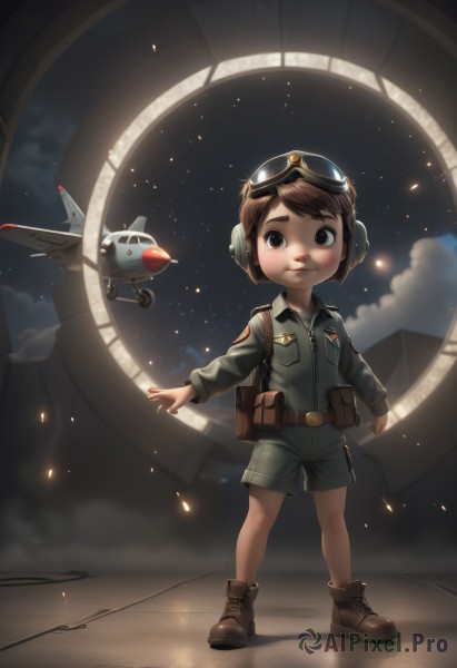 solo,smile,short hair,brown hair,1boy,brown eyes,standing,full body,male focus,boots,sky,shorts,belt,cloud,uniform,military,military uniform,night,brown footwear,goggles,child,star (sky),night sky,goggles on head,aircraft,airplane,male child,jacket,headphones,thick eyebrows,pouch,realistic,jumpsuit,pilot