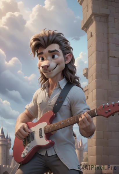 solo,long hair,smile,brown hair,shirt,1boy,holding,brown eyes,standing,white shirt,short sleeves,male focus,cowboy shot,outdoors,sky,teeth,day,collared shirt,pants,cloud,grin,blue sky,dress shirt,black pants,sunlight,thick eyebrows,cloudy sky,building,instrument,furry,pocket,music,unbuttoned,guitar,furry male,partially unbuttoned,playing instrument,holding instrument,castle,electric guitar,snout,piercing,aged down,freckles,realistic