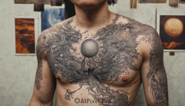 solo,black hair,1boy,nipples,upper body,male focus,nude,indoors,tattoo,muscular,pectorals,muscular male,facing viewer,realistic,arms at sides,head out of frame,arm tattoo,chest tattoo,painting (object),back tattoo,pectoral focus,short hair,facial hair,bara,beard,large pectorals,topless male,toned male,full-body tattoo