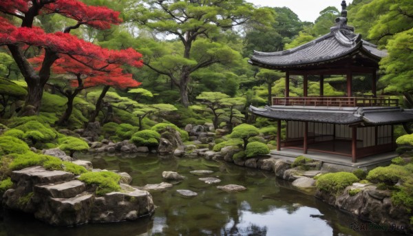 outdoors,day,water,tree,no humans,leaf,grass,building,nature,scenery,forest,rock,architecture,bridge,east asian architecture,river,shrine,stone,pond,stone lantern,stream,plant,stairs,bush,statue,moss