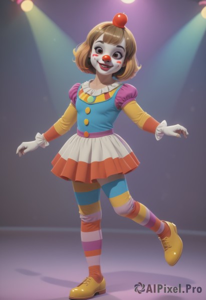 1girl,solo,looking at viewer,smile,short hair,open mouth,bangs,skirt,brown hair,shirt,hair ornament,long sleeves,brown eyes,standing,full body,:d,pantyhose,multicolored hair,pleated skirt,small breasts,shoes,teeth,striped,puffy sleeves,artist name,black eyes,makeup,colored skin,leg up,standing on one leg,lipstick,juliet sleeves,multicolored clothes,facepaint,yellow footwear,spotlight,multicolored legwear,stage lights,striped sleeves,multicolored shirt,clown,shadow,facial mark,genderswap,genderswap (mtf),white skin,striped pantyhose