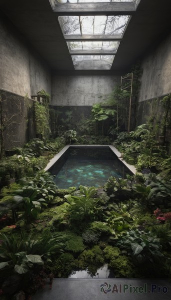 flower,outdoors,day,indoors,water,tree,no humans,window,leaf,plant,nature,scenery,stairs,ruins,moss,overgrown