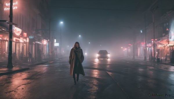 1girl,solo,long hair,looking at viewer,brown hair,black hair,long sleeves,brown eyes,standing,outdoors,black footwear,coat,night,ground vehicle,building,scenery,motor vehicle,open coat,city,sign,hands in pockets,car,road,dark,wide shot,brown coat,lamppost,street,neon lights,sky,hood,english text,hood up,walking,rain,road sign,puddle,traffic light,sidewalk