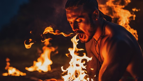 solo,short hair,open mouth,black hair,1boy,jewelry,upper body,male focus,nude,earrings,dark skin,necklace,from side,muscular,facial hair,scar,dark-skinned male,fire,pectorals,muscular male,bara,beard,topless male,mature male,chest hair,burning,closed eyes,blurry background,embers,breathing fire