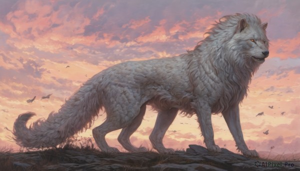 solo,standing,outdoors,sky,cloud,orange eyes,no humans,bird,animal,cloudy sky,grass,sunset,realistic,animal focus,twilight,wolf,flock,looking at viewer,signature,scenery,lion