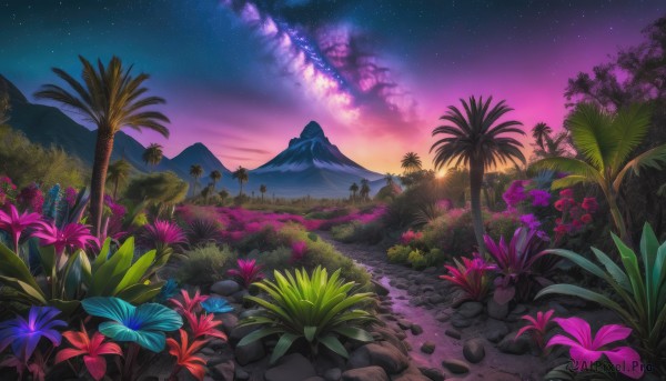 flower, outdoors, sky, tree, no humans, night, grass, plant, star (sky), nature, night sky, scenery, starry sky, blue flower, sunset, rock, mountain, palm tree