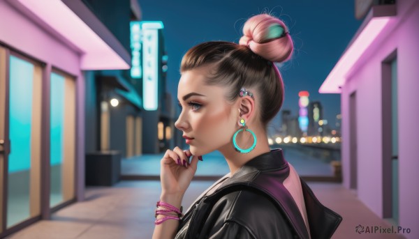 1girl,solo,short hair,brown hair,black hair,brown eyes,jewelry,jacket,upper body,multicolored hair,earrings,outdoors,hand up,hair bun,nail polish,blurry,bracelet,from side,two-tone hair,lips,black jacket,fingernails,profile,makeup,night,depth of field,blurry background,piercing,single hair bun,lipstick,ear piercing,pink nails,hoop earrings,city,realistic,nose,hand on own chin,blue eyes,hair ornament,artist name,looking away,building,portrait,purple nails,street,neon lights