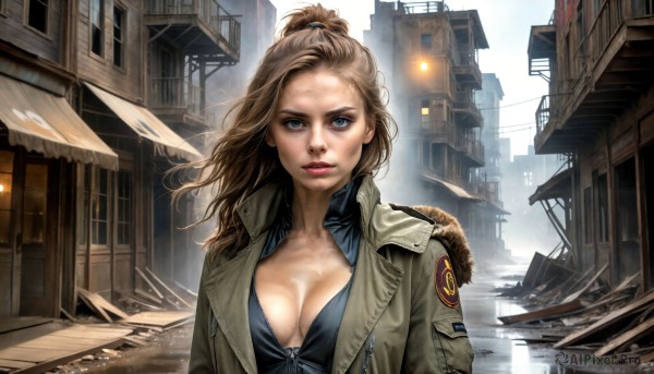 HQ,1girl,solo,long hair,breasts,looking at viewer,blue eyes,blonde hair,large breasts,brown hair,cleavage,medium breasts,collarbone,jacket,upper body,ponytail,outdoors,parted lips,open clothes,day,artist name,signature,hood,water,dated,open jacket,lips,coat,fur trim,makeup,hood down,high ponytail,wind,building,forehead,zipper,city,realistic,nose,unzipped,road,cityscape,shirt,sky,window,lipstick,scenery,hair tie,emblem,light,badge,dirty,hair pulled back,topknot,dirty face,light bulb,patch