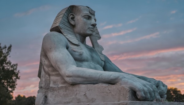 solo,1boy,sitting,closed mouth,male focus,outdoors,sky,cloud,tree,muscular,colored skin,cloudy sky,realistic,blue skin,statue,alien,upper body,from side,muscular male,topless male,sunset,giant,looking afar