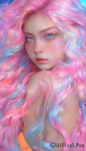 1girl,solo,long hair,looking at viewer,blush,blue eyes,bare shoulders,closed mouth,blue hair,upper body,pink hair,nude,multicolored hair,looking back,artist name,lips,eyelashes,watermark,wavy hair,monster girl,web address,freckles,realistic,nose,breasts,dress,sparkle,strapless,gradient hair,makeup,blue background,piercing,eyeshadow,pink lips,mascara