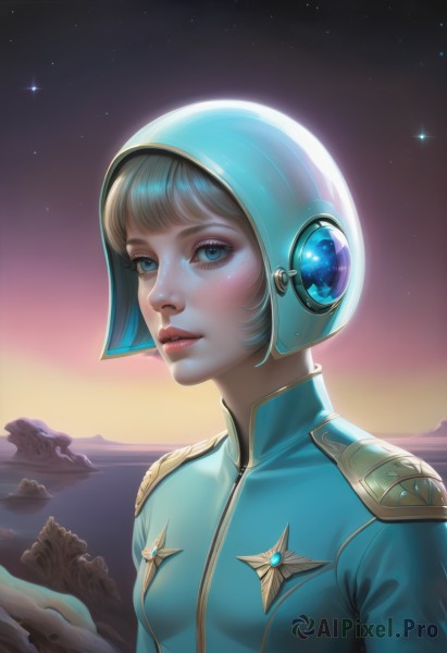 1girl,solo,breasts,looking at viewer,smile,short hair,bangs,blue eyes,blonde hair,jacket,upper body,small breasts,outdoors,parted lips,sky,artist name,signature,star (symbol),uniform,lips,military,eyelashes,military uniform,makeup,night,watermark,helmet,gem,star (sky),night sky,eyeshadow,starry sky,freckles,rock,mountain,realistic,nose,space,space helmet,blush,hood,water,official alternate costume,ocean,portrait,backlighting,mascara