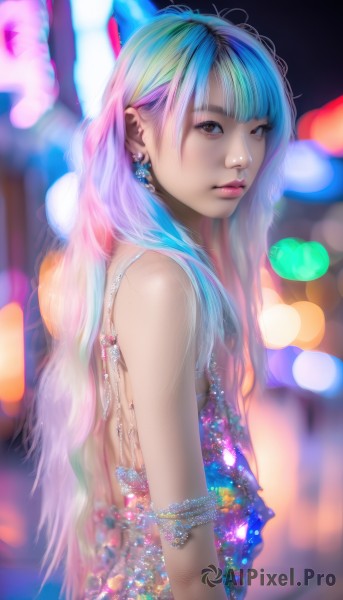 1girl,solo,long hair,looking at viewer,bangs,dress,bare shoulders,brown eyes,jewelry,closed mouth,blue hair,upper body,pink hair,multicolored hair,earrings,sleeveless,blunt bangs,blurry,from side,two-tone hair,lips,gradient hair,makeup,depth of field,blurry background,armlet,realistic,nose,bokeh,artist name,eyelashes,watermark,piercing,gem,web address,colorful